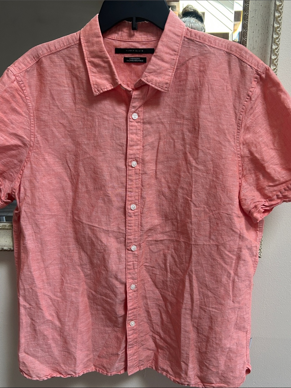 Perry Ellis Coral Short-Sleeve Linen Button-Down Shirt